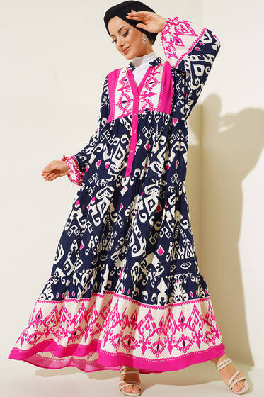 Otantik Desenli Düğmeli Elbise Lacivert Bej - Tesettür Elbise