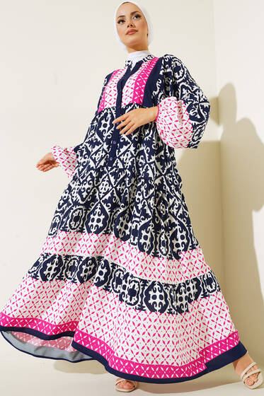 Otantik Desenli Düğmeli Elbise Lacivert Beyaz - Tesettür Elbise
