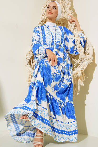 Otantik Desenli Düğmeli Elbise Mavi - Tesettür Elbise