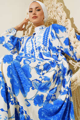 Otantik Desenli Düğmeli Elbise Mavi - Tesettür Elbise