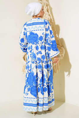 Otantik Desenli Düğmeli Elbise Mavi - Tesettür Elbise