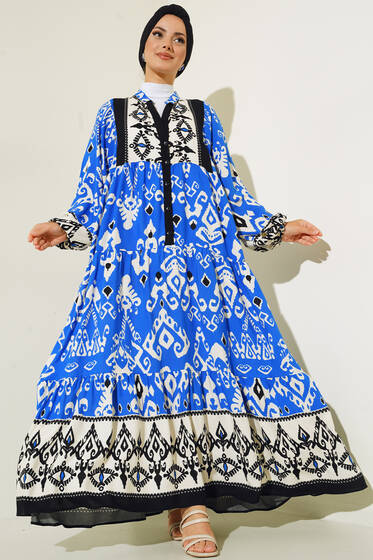 Otantik Desenli Düğmeli Elbise Saks - Tesettür Elbise