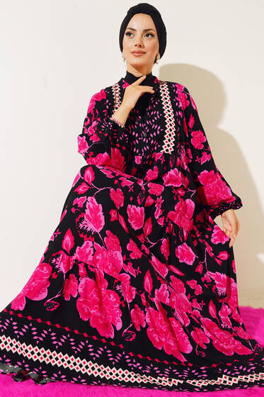 Otantik Desenli Düğmeli Elbise Siyah - Tesettür Elbise