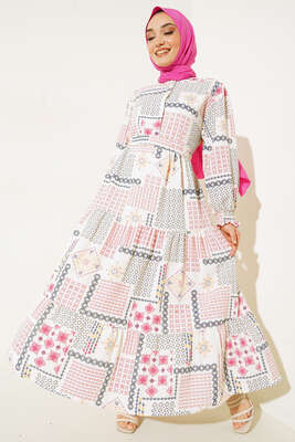 Otantik Design Desenli Kuşaklı Kolu Gipeli Elbise Fusya - Tesettür Elbise