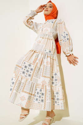 Otantik Design Desenli Kuşaklı Kolu Gipeli Elbise Oranj 