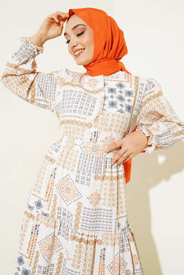 Otantik Design Desenli Kuşaklı Kolu Gipeli Elbise Oranj - Tesettür Elbise