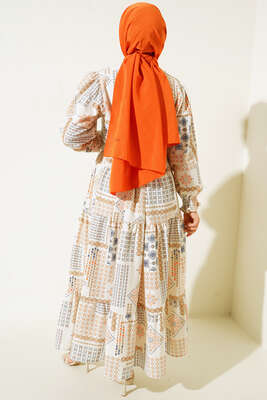 Otantik Design Desenli Kuşaklı Kolu Gipeli Elbise Oranj - Tesettür Elbise