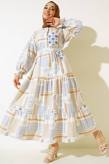 Otantik Design Desenli Kuşaklı Kolu Gipeli Elbise Saks - Tesettür Elbise