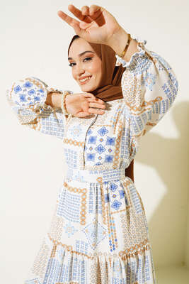 Otantik Design Desenli Kuşaklı Kolu Gipeli Elbise Saks - Tesettür Elbise