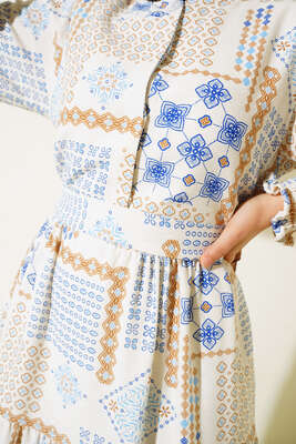 Otantik Design Desenli Kuşaklı Kolu Gipeli Elbise Saks - Tesettür Elbise