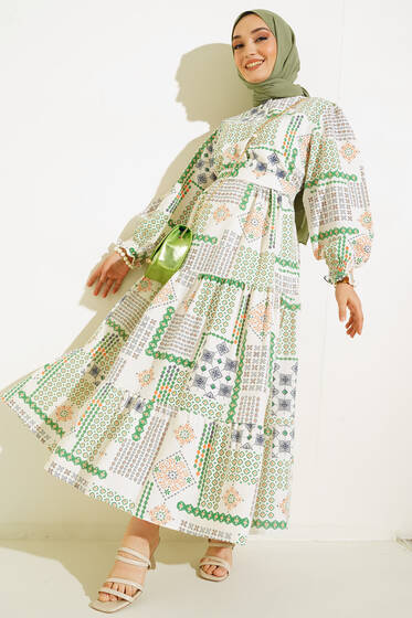 Otantik Design Desenli Kuşaklı Kolu Gipeli Elbise Yeşil - Tesettür Elbise