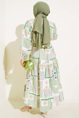 Otantik Design Desenli Kuşaklı Kolu Gipeli Elbise Yeşil - Tesettür Elbise