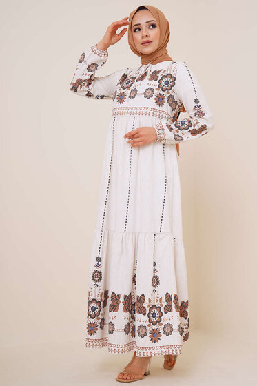 Otantik Etnik Desen Elbise Bej - Tesettür Elbise