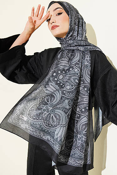 Otantik Motifli Desenli Şal Siyah Füme - Başörtüsü