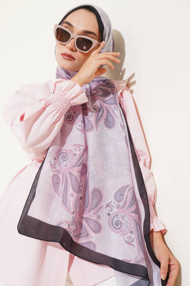 Otantik Yaprak Desen Şal Siyah Gri - Başörtüsü