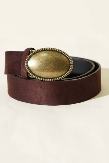 Oval Antik Eskitme Tokalı Kemer Kahve Süet - Süet Kemer