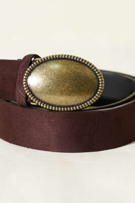 Oval Antik Eskitme Tokalı Kemer Kahve Süet - Süet Kemer