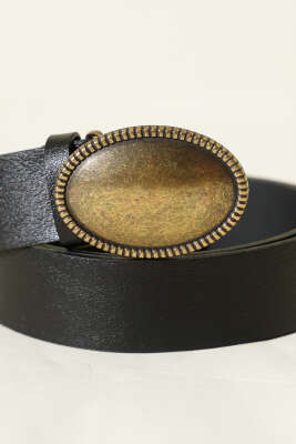 Oval Antik Eskitme Tokalı Kemer Siyah - Deri Kemer