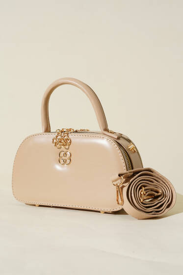 Oval Çift Fermuarlı Çanta Bej - Kol Çantası