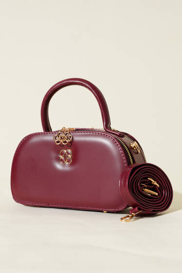 Oval Çift Fermuarlı Çanta Bordo - Kol Çantası