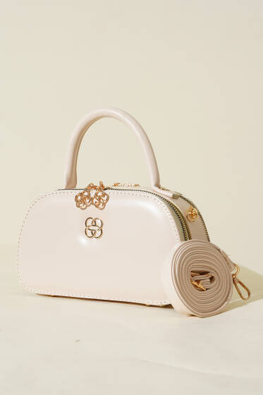 Oval Çift Fermuarlı Çanta Krem - Kol Çantası