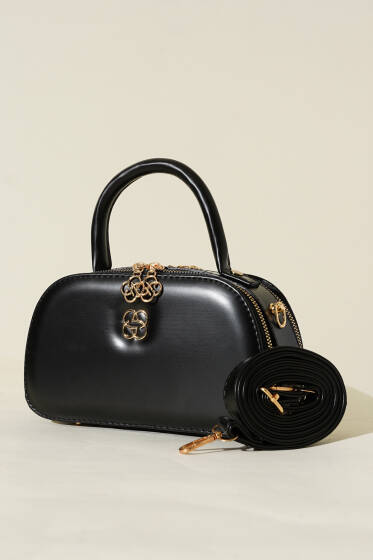 Oval Çift Fermuarlı Çanta Siyah - Kol Çantası