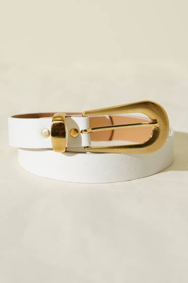 Oval Dikdörtgen Gold Tokalı Kemer Beyaz - Deri Kemer