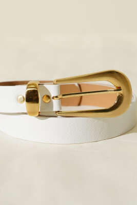 Oval Dikdörtgen Gold Tokalı Kemer Beyaz - Deri Kemer