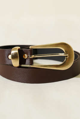 Oval Dikdörtgen Gold Tokalı Kemer Kahve - Deri Kemer