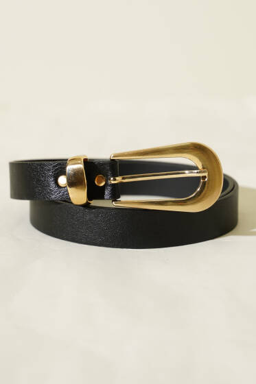 Oval Dikdörtgen Gold Tokalı Kemer Siyah - Deri Kemer