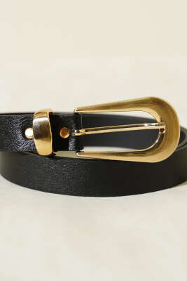 Oval Dikdörtgen Gold Tokalı Kemer Siyah - Deri Kemer