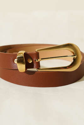 Oval Dikdörtgen Gold Tokalı Kemer Taba - Deri Kemer