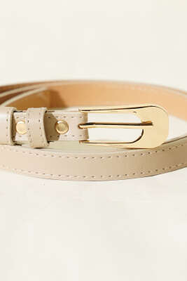 Oval Dikdörtgen Tokalı İnce Kemer Bej - Deri Kemer