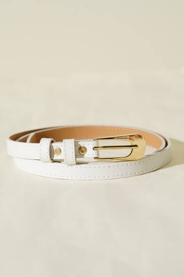 Oval Dikdörtgen Tokalı İnce Kemer Beyaz - Deri Kemer