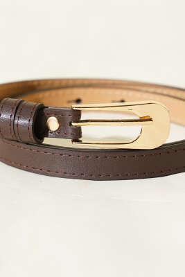 Oval Dikdörtgen Tokalı İnce Kemer Kahve - Deri Kemer