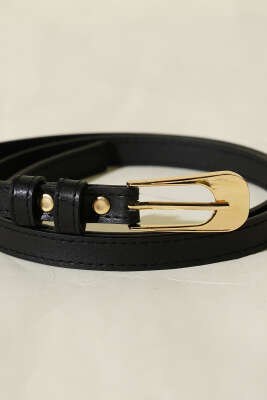 Oval Dikdörtgen Tokalı İnce Kemer Siyah - Deri Kemer