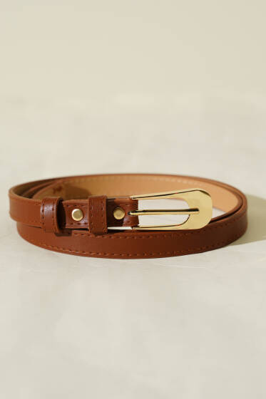 Oval Dikdörtgen Tokalı İnce Kemer Taba - Deri Kemer