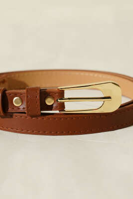 Oval Dikdörtgen Tokalı İnce Kemer Taba - Deri Kemer