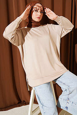 Oval Dikişli Loyşa Tunik Bej - ELFİDA TEKSTİL