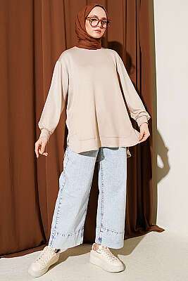 Oval Dikişli Loyşa Tunik Bej - Tunik