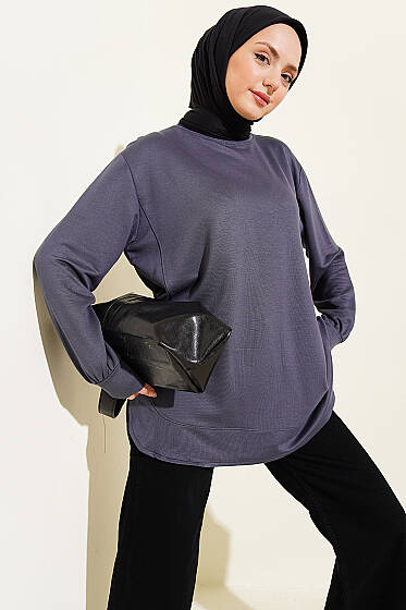 Oval Dikişli Loyşa Tunik Füme - Tunik