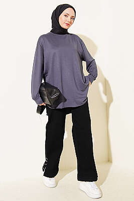 Oval Dikişli Loyşa Tunik Füme - Tunik