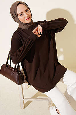 Oval Dikişli Loyşa Tunik Kahve - ELFİDA TEKSTİL