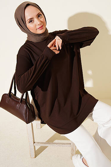 Oval Dikişli Loyşa Tunik Kahve - Tunik