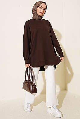 Oval Dikişli Loyşa Tunik Kahve - Tunik