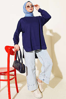 Oval Dikişli Loyşa Tunik Lacivert - Tunik