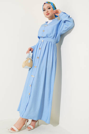 Oval Düğmeli Elbise Bebe Mavi - Elbise