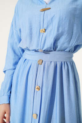 Oval Düğmeli Elbise Bebe Mavi - Tesettür Elbise