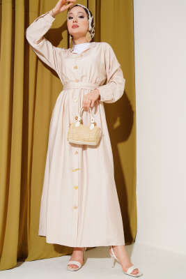 Oval Düğmeli Elbise Bej