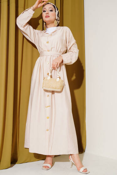 Oval Düğmeli Elbise Bej - Tesettür Elbise